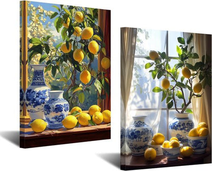 CXHOSTENT Kitchen Lemon Wall Decor - 2 Panel Lemon Tree Art Print | Yellow Citrus Botanical Painting (11x14 Inches)