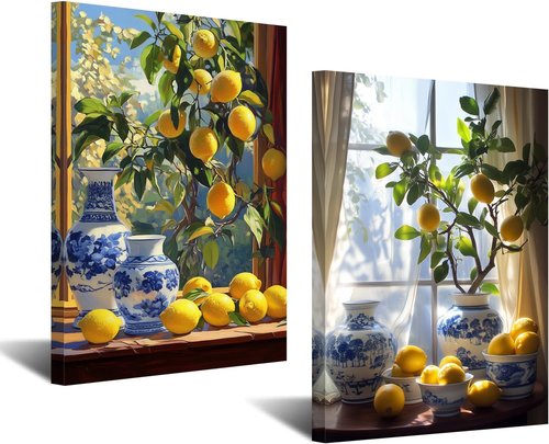 CXHOSTENT Kitchen Lemon Wall Decor - 2 Panel Lemon Tree Art Print | Yellow Citrus Botanical Painting (11x14 Inches)