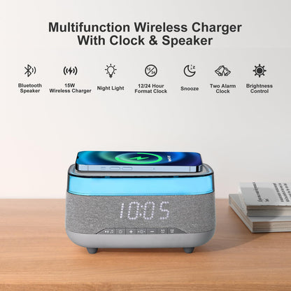 PRIBUY Smart Alarm Clock with 15W Fast Wireless Charger & Bluetooth Speaker - Dual Alarm, Dimmable Display, Touch Bedside Lamp, Nightstand Clock for Bedroom, Office, Home