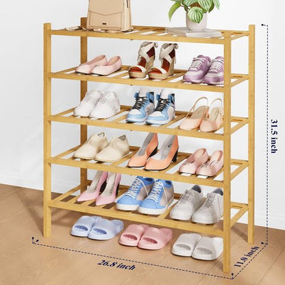 Kitsure Bamboo Wooden Shoe Rack - Stackable 5-Tier Organizer for Space-Saving Storage | 26.8" Wide, Natural Finish