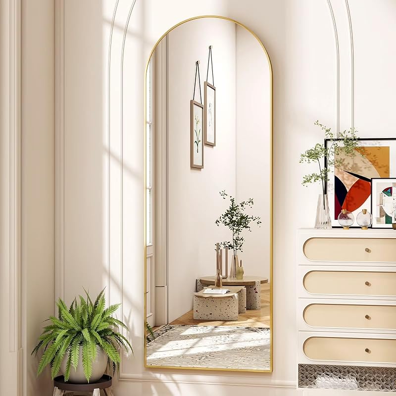 Arched Full-Length Floor Mirror with Gold Aluminum Frame — 59x16in, Free-Standing