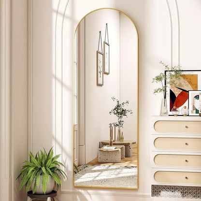 Arched Full-Length Floor Mirror with Gold Aluminum Frame — 59x16in, Free-Standing