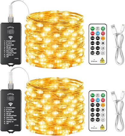HXWEIYE Rechargeable Fairy Lights - 33ft 100LED Twinkle String Lights with Remote & Timer | Waterproof Warm White Decor