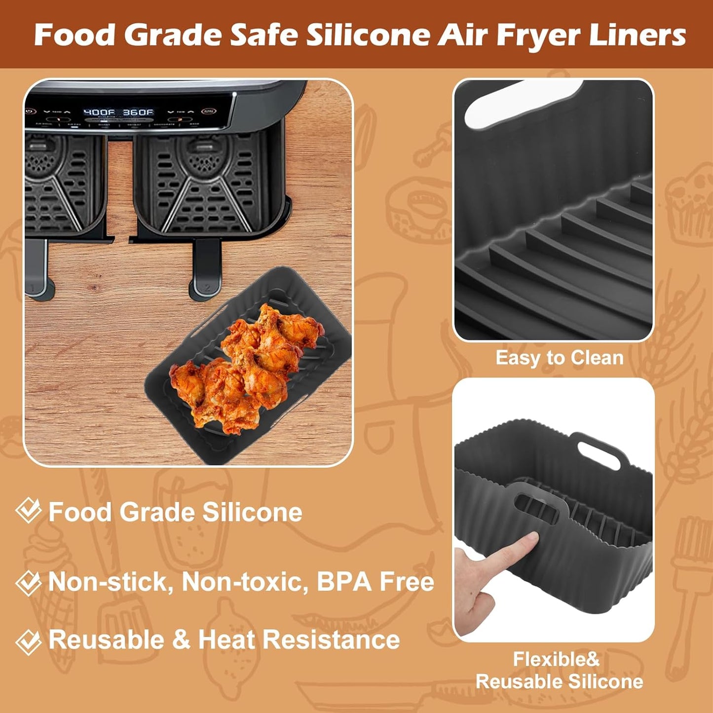 Skiennix Silicone Air Fryer Liners - Non-Stick Reusable Accessories for Ninja Foodi Dual DZ201 | Fits 8 QT