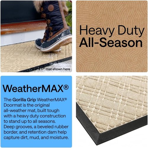 GORILLA GRIP Waterproof All-Season WeatherMAX Doormat - 35x23 Natural Rubber, Stain & Fade Resistant, Easy Clean, Modern Latte