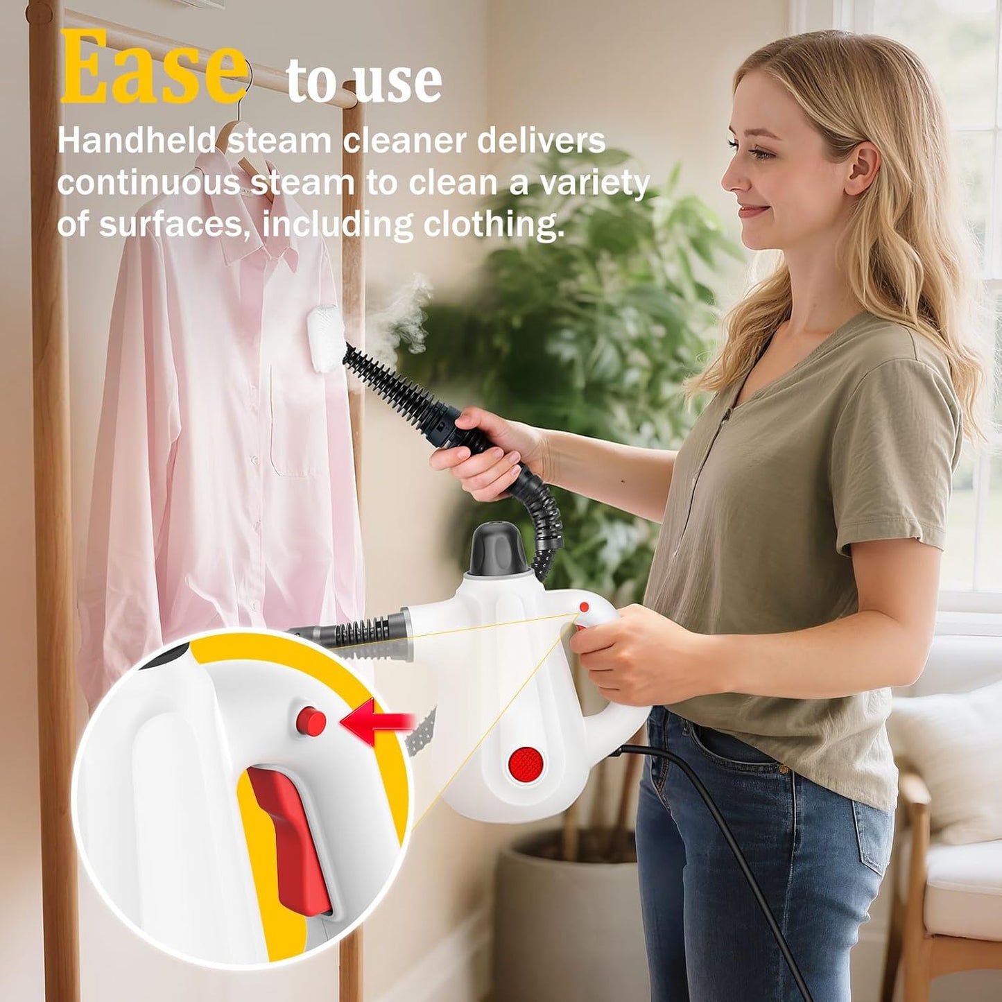 Steam Cleaner, Deep Cleaning Multi-Surface Handheld Steam Cleaner with Steam Lock Button & 16 PCS Accessories, 100% Natural Portable Steamer for Cleaning Home Car Bathroom Kitchen Grout Tile Window
