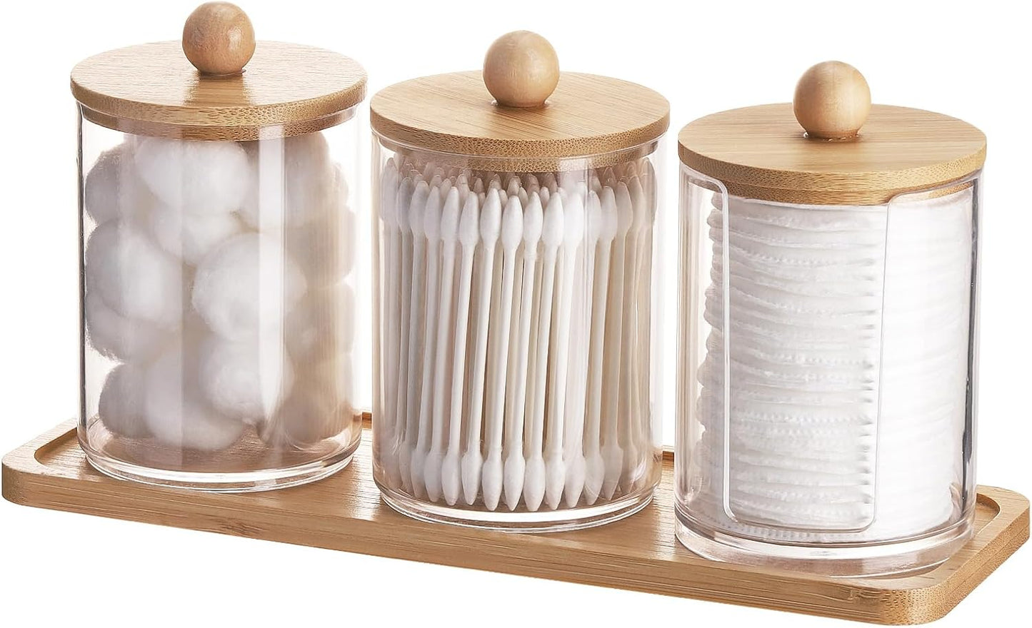 Tbestmax Qtip Holder - 10 Oz Clear Apothecary Jar with Bamboo Lid | 3 Pack Cotton Swab Dispenser