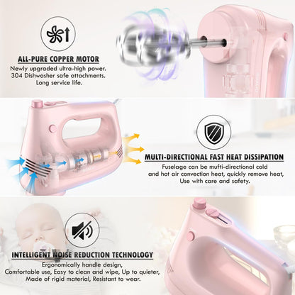 Skiennix Electric Hand Mixer - Stainless Steel Whisk & Dough Hook | 5-Speed Turbo Boost, Pink