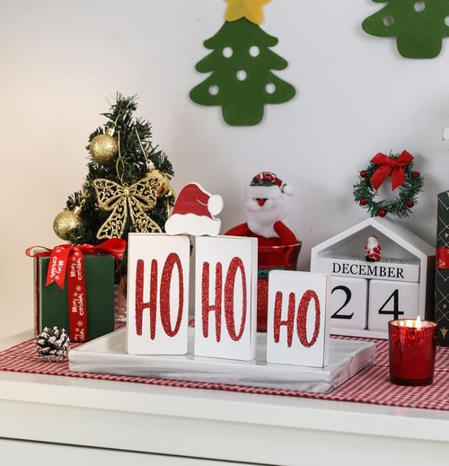 Ho Wood Christmas Blocks - Festive Wooden Tabletop Signs for Holiday Decor | 4 Pieces (White)