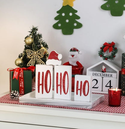 Ho Wood Christmas Blocks - Festive Wooden Tabletop Signs for Holiday Decor | 4 Pieces (White)