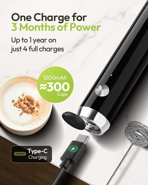 Maestri House Rechargeable Milk Frother - Handheld Electric Foam Maker with Detachable Whisk | Perfect for Lattes & Cappuccinos