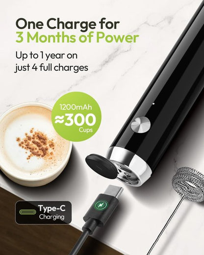 Maestri House Rechargeable Milk Frother - Handheld Electric Foam Maker with Detachable Whisk | Perfect for Lattes & Cappuccinos