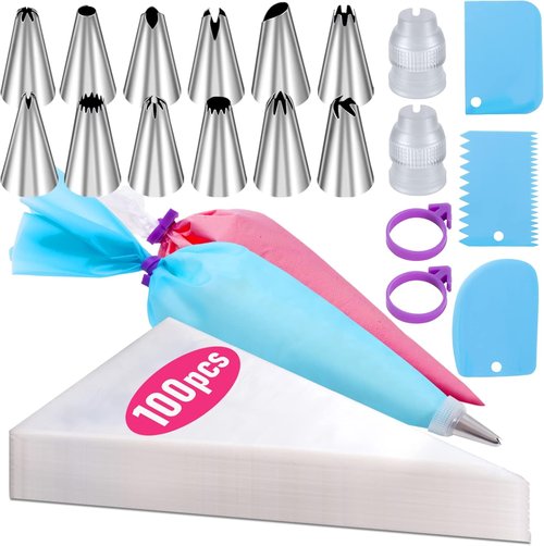 100Pcs Piping Bags Set by [Brand Name] - 12 Inch Disposable Icing Bags with Reusable Bags & 12 Tips