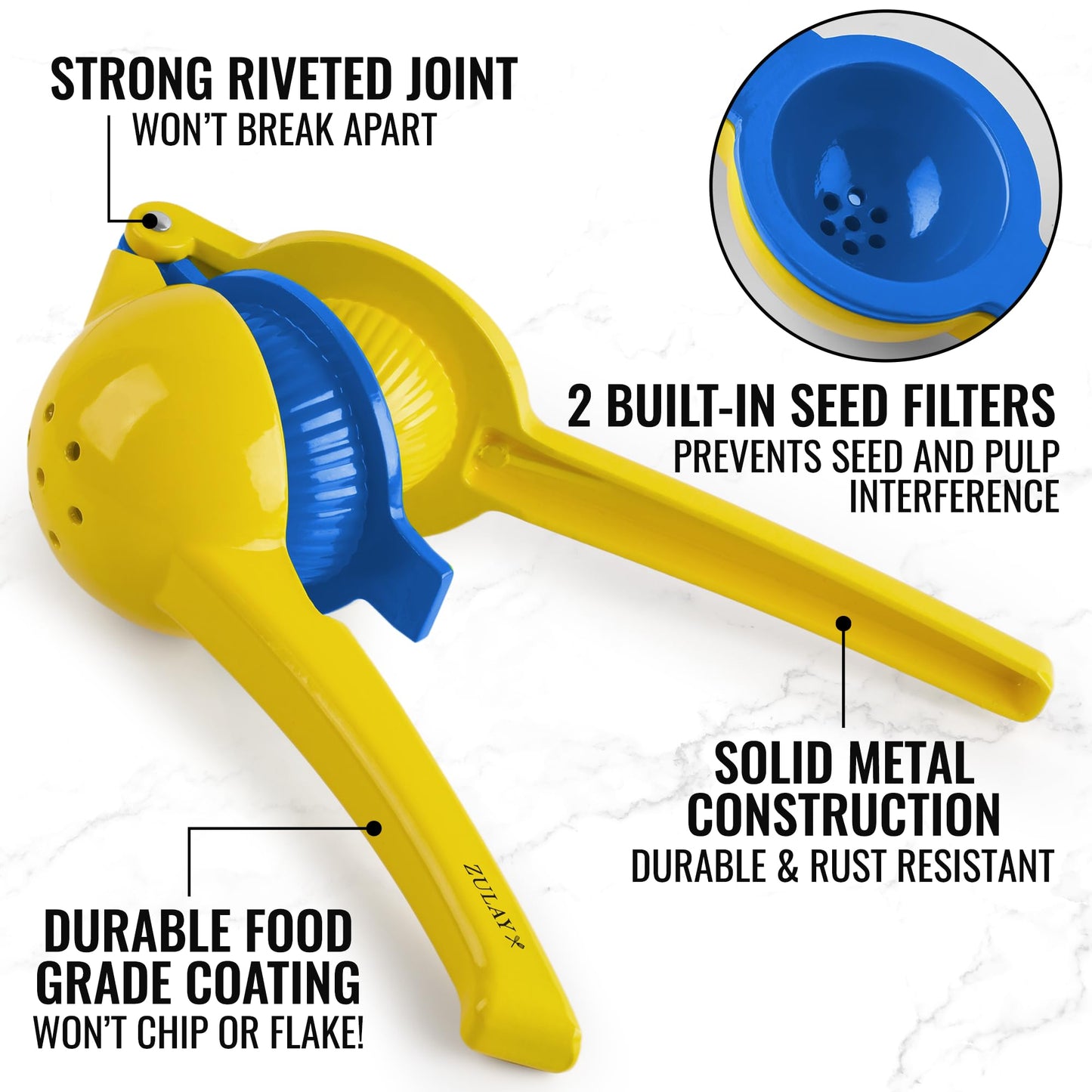 Zulay Metal 2-In-1 Lemon Squeezer Manual - Sturdy, Max Extraction Hand Juicer Lemon Squeezer Gets Every Last Drop - Easy to Clean Manual Citrus Juicer - Easy-to-Use Lemon Juicer Squeezer - Gold/Blue