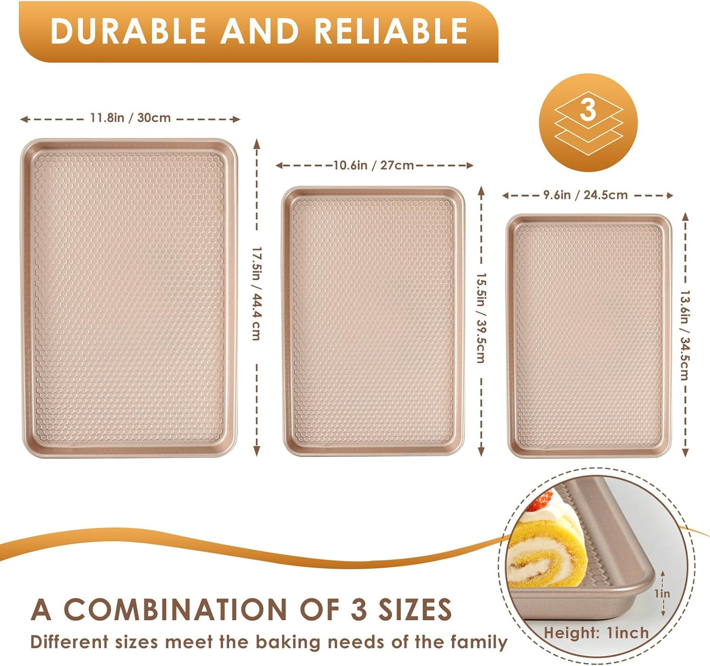 Skiennix Nonstick Baking Sheet Pan Set - 3 Heavy-Duty Carbon Steel Cookie Sheets | Easy Clean Rose Gold