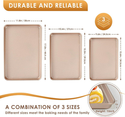 Skiennix Nonstick Baking Sheet Pan Set - 3 Heavy-Duty Carbon Steel Cookie Sheets | Easy Clean Rose Gold