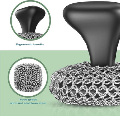 Cast Iron Scrubber - 316 Chainmail Cleaner for Pans & Skillets | Dishwasher Safe Cleaning Kit, Black