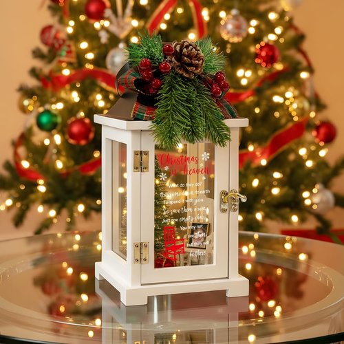 Christmas In Heaven Memorial Lantern - Wreath Photo Frame Ornaments Set | Thoughtful Gift for Loved Ones