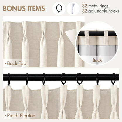 MIULEE 100% Blackout Curtains - 90-Inch Long, Thick Linen, Memory Trained Pleat - 4 Panel Set in Birch