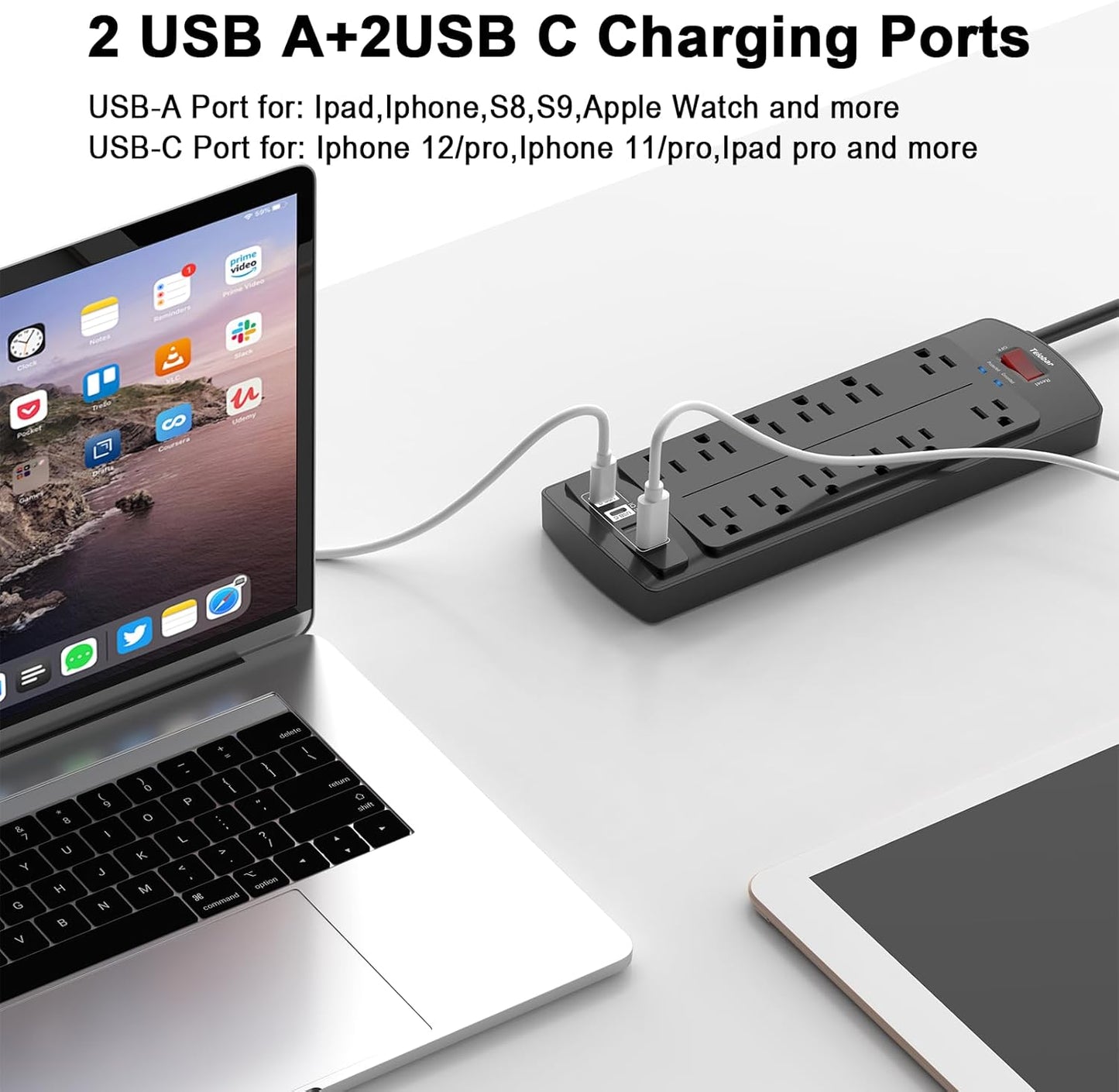 Teiobar 6 Ft Extension Cord Power Strip - Surge Protector with 12 AC Outlets & 4 USB Ports | Black, 1875W/15A, 2700 Joules