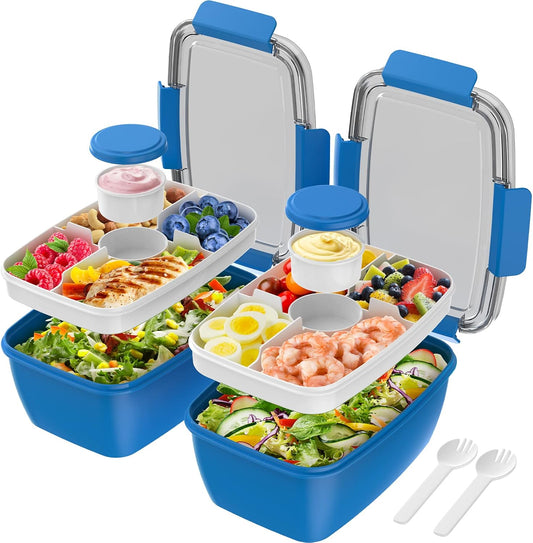 Cherrysea Salad Lunch Container Set - 68oz Leak-Proof Bowls with 4 Compartments & Fork - Blue