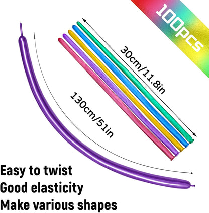 Skiennix 100Pcs Metallic Long Balloons - Thick Latex Twisting Balloons for Animal Modeling | Multi-Color