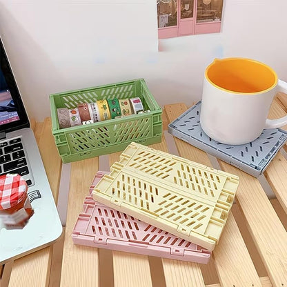 Blue Small Folding Storage Basket - Collapsible Desktop Organizer for Home Office, Makeup & Toiletries