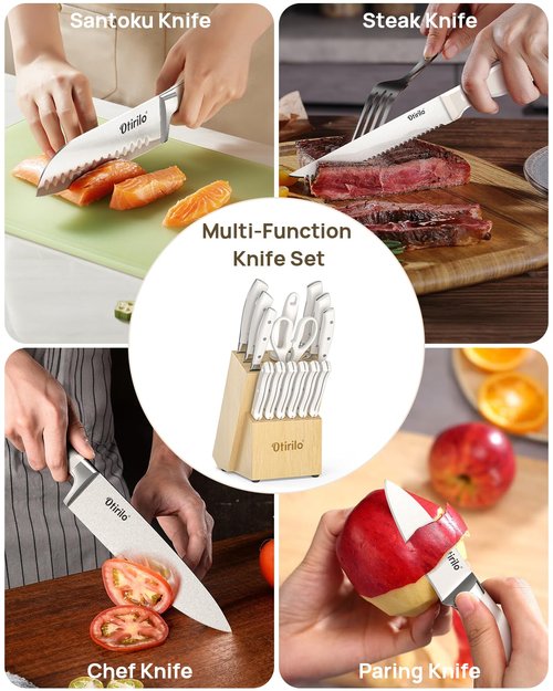 Kitchen Knife Sets with Block 15-Piece, Otirilo Stainless Steel Cooking Knife Set,Ultra-Sharp Blades,High Carbon Steak Knives Razor-Sharp Chef's Knife Set with Sharpener,Dishwasher Safe Cutlery