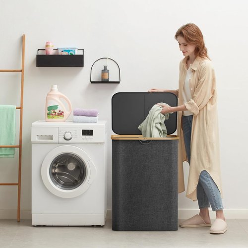 Lifewit 150L Laundry Basket - Foldable Hamper with Lid & Bamboo Handles | Dark Gray, Large Size