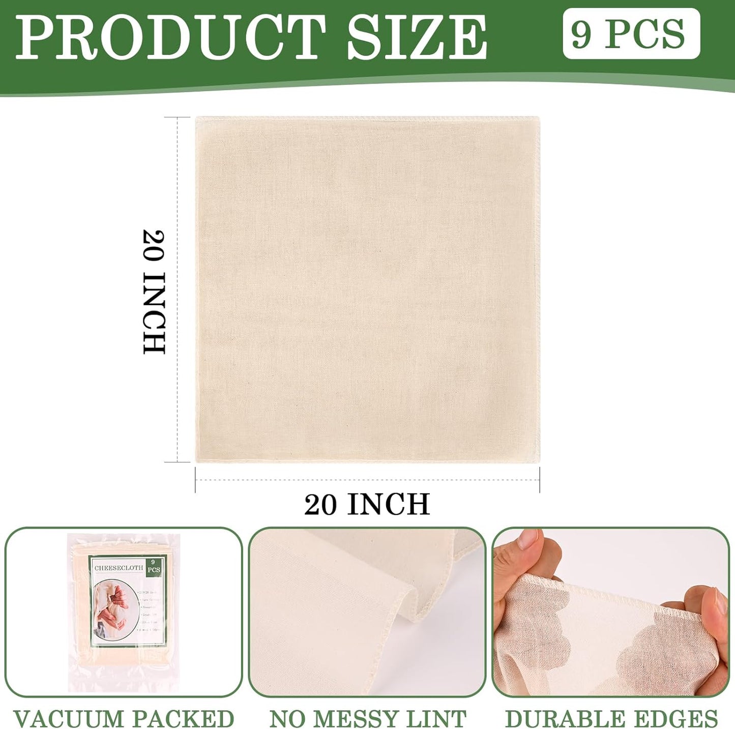 WMKGG Reusable Unbleached Cotton Cheese Cloth - 20x20 Inch, Grade 100, Precut for Straining & Cooking