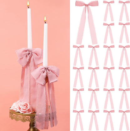 Skiennix 24 Pcs Pink Bows Candlestick Ribbon Decorations - Perfect for Birthdays & Weddings | 9.5 Inch