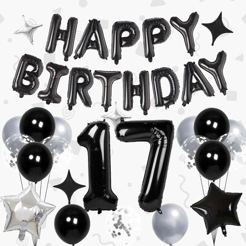 17 Balloon Numbers by 32 Inch - Happy Birthday Foil Letters & Star Balloons | Silver & Black Party Decor