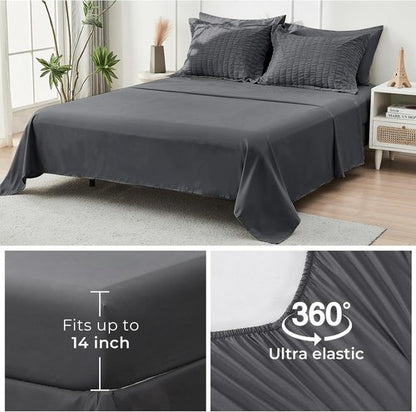 HYMOKEGE Oversized Queen Comforter Set - All-Season Luxury Bedding in Dark Grey | 7-Piece Seersucker Design