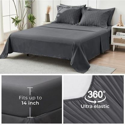 HYMOKEGE Oversized Queen Comforter Set Seersucker 7 Pieces, All Season Luxury Bed in a Bag for Bedroom, Bedding Set with Comforter, Sheets, Pillowcases & Shams, Dark Grey