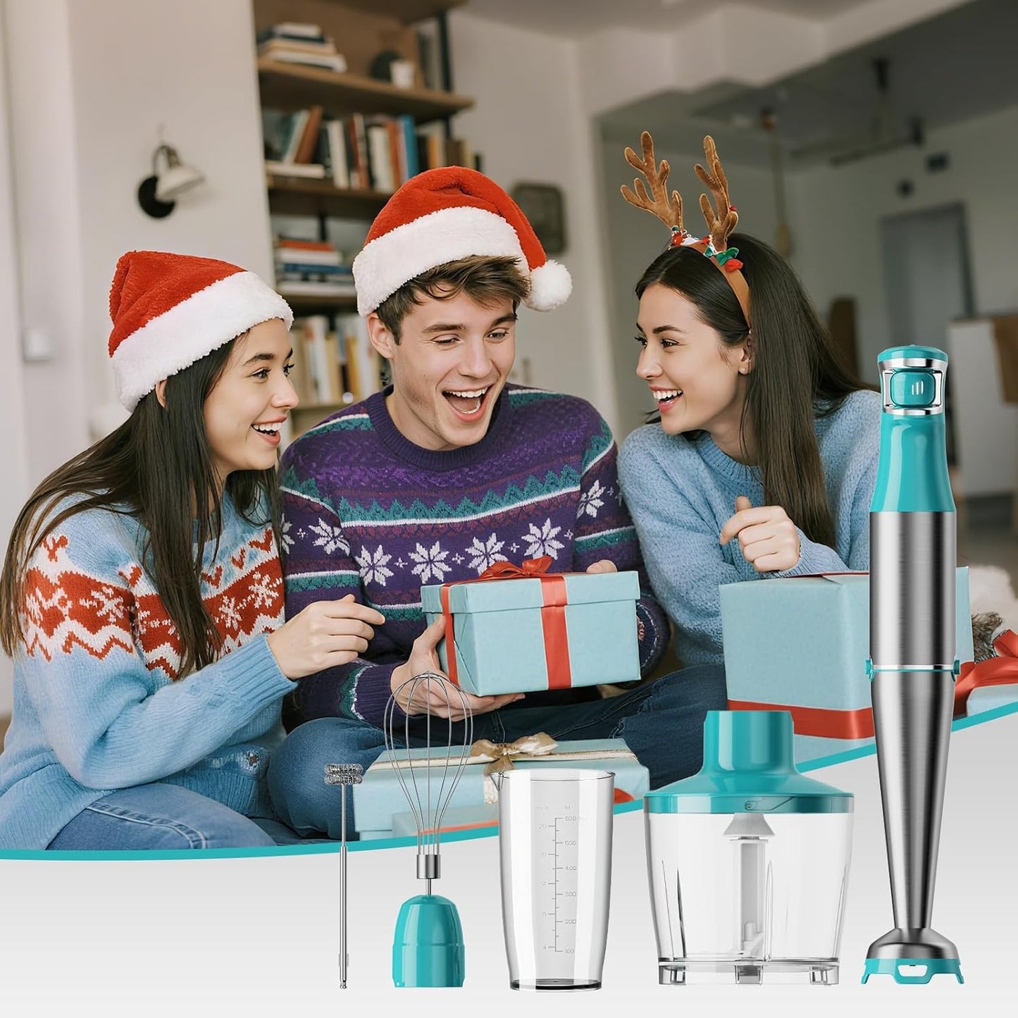 Skiennix Immersion Blender - 1100W Handheld Stick Mixer with Variable Speed, Chopper, Whisk & Frother - Cyan Blue