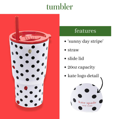 Kate Spade New York 20 Ounce Insulated Tumbler for Cold and Hot Drinks with Reusable Straw, Stainless Steel Travel Cup with Slide Top Lid, Ladybug Dot