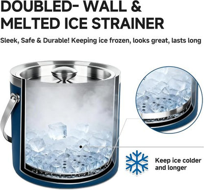 3L Double-Wall Insulated Stainless Steel Ice Bucket with scoop for Cocktail Bar - Metal Ice Bucket for freezer with Lid for parties,Camping,and More!champagne bucket,bar cart accessories