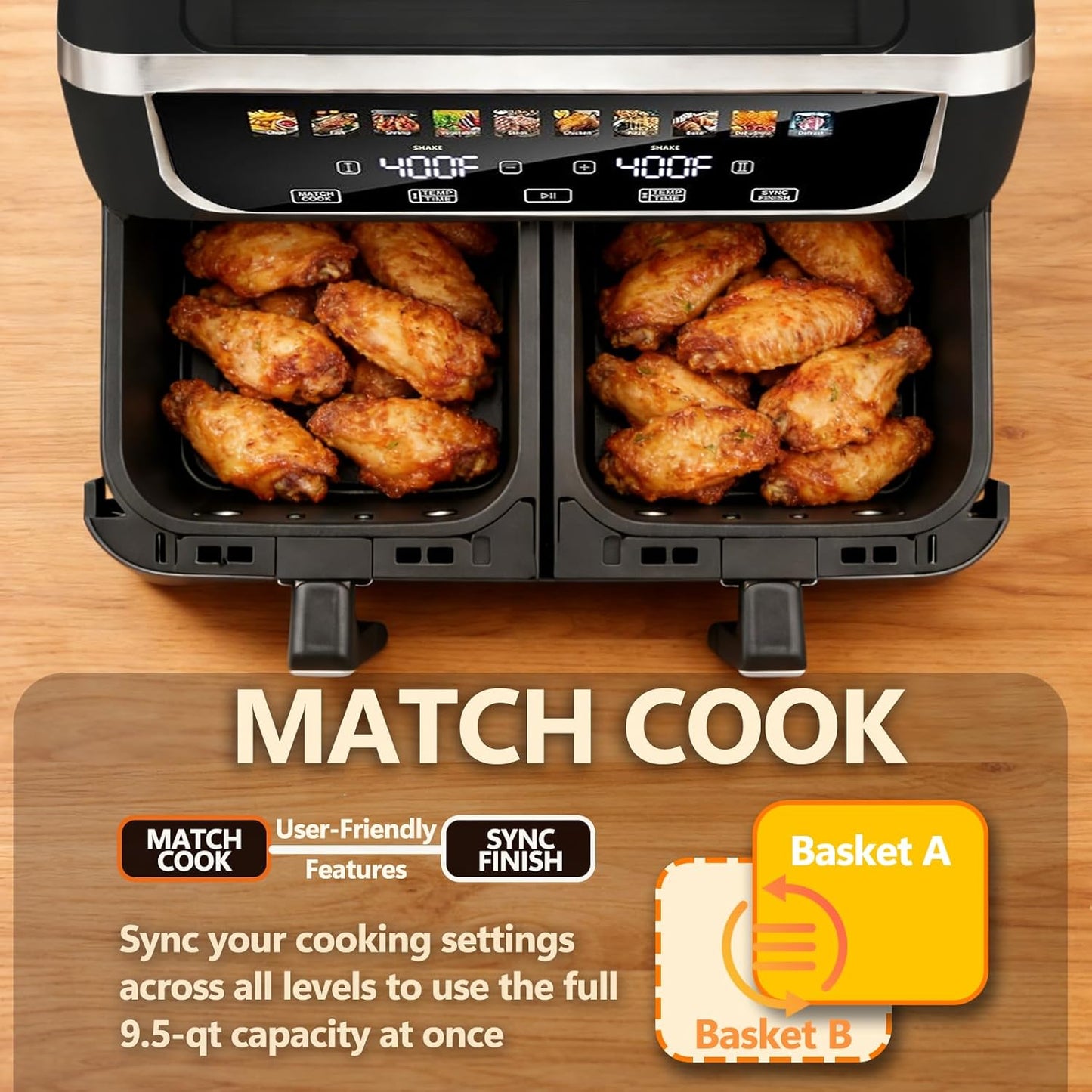 Simple Deluxe 9.5-Qt Dual Basket Air Fryer - 10-in-1 Digital Preset, 1700W, Nonstick, Black
