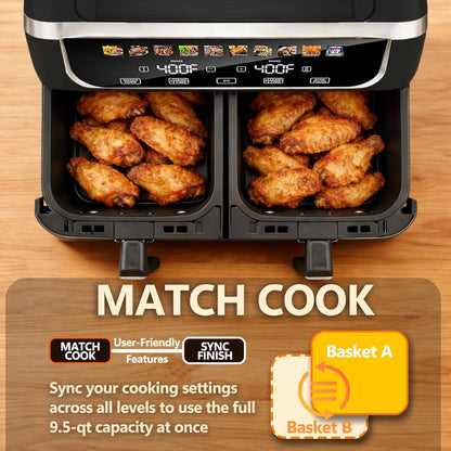 Simple Deluxe 9.5-Qt Dual Basket Air Fryer - 10-in-1 Digital Preset, 1700W, Nonstick, Black