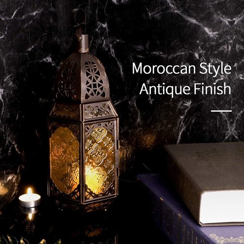 Lewondr Moroccan Style Metal Glass Candle Lantern - Portable Hanging Wind Lantern for Home & Garden - Copper & Yellow