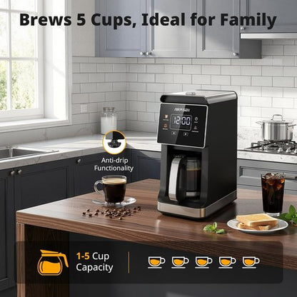 AIRMSEN Grind & Brew Coffee Maker - Programmable 5-Cup Capacity with Built-in Grinder & Auto Keep Warm