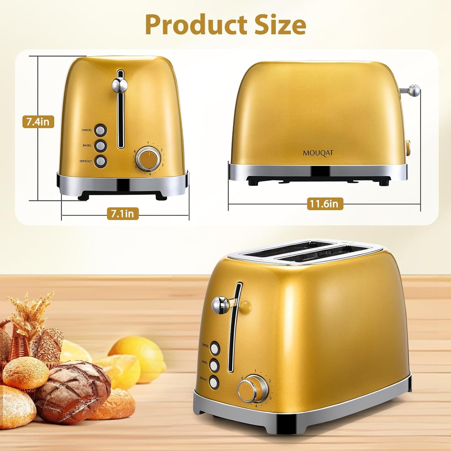Skiennix Gold 2-Slice Toaster - Wide Slot Stainless Steel with 6 Shade Settings & Removable Crumb Tray