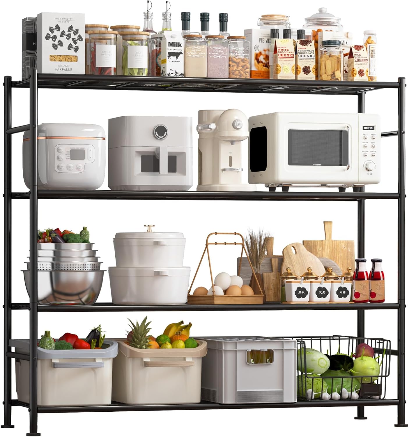 Sakugi Storage Shelves - Heavy Duty 4-Tier Shelf Organizer | Stable Metal Unit for Kitchen, Pantry & Closet - 46.3" W x 12.6" D x 46.6" H, Black