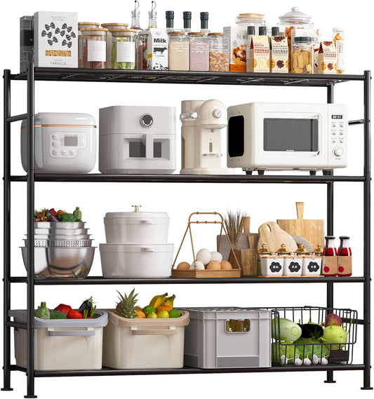 Sakugi Storage Shelves - Heavy Duty 4-Tier Shelf Organizer | Stable Metal Unit for Kitchen, Pantry & Closet - 46.3" W x 12.6" D x 46.6" H, Black