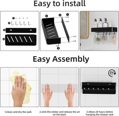 Wisfame Shower Caddy - No Drill Rustproof Bathroom Shelf | Large Capacity Aluminum Organizer with 5 Hooks - Black