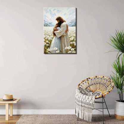 Jesus Hugging Girl Canvas Wall Art - Modern Christian Healing Embrace | 12x16in Decor for Home