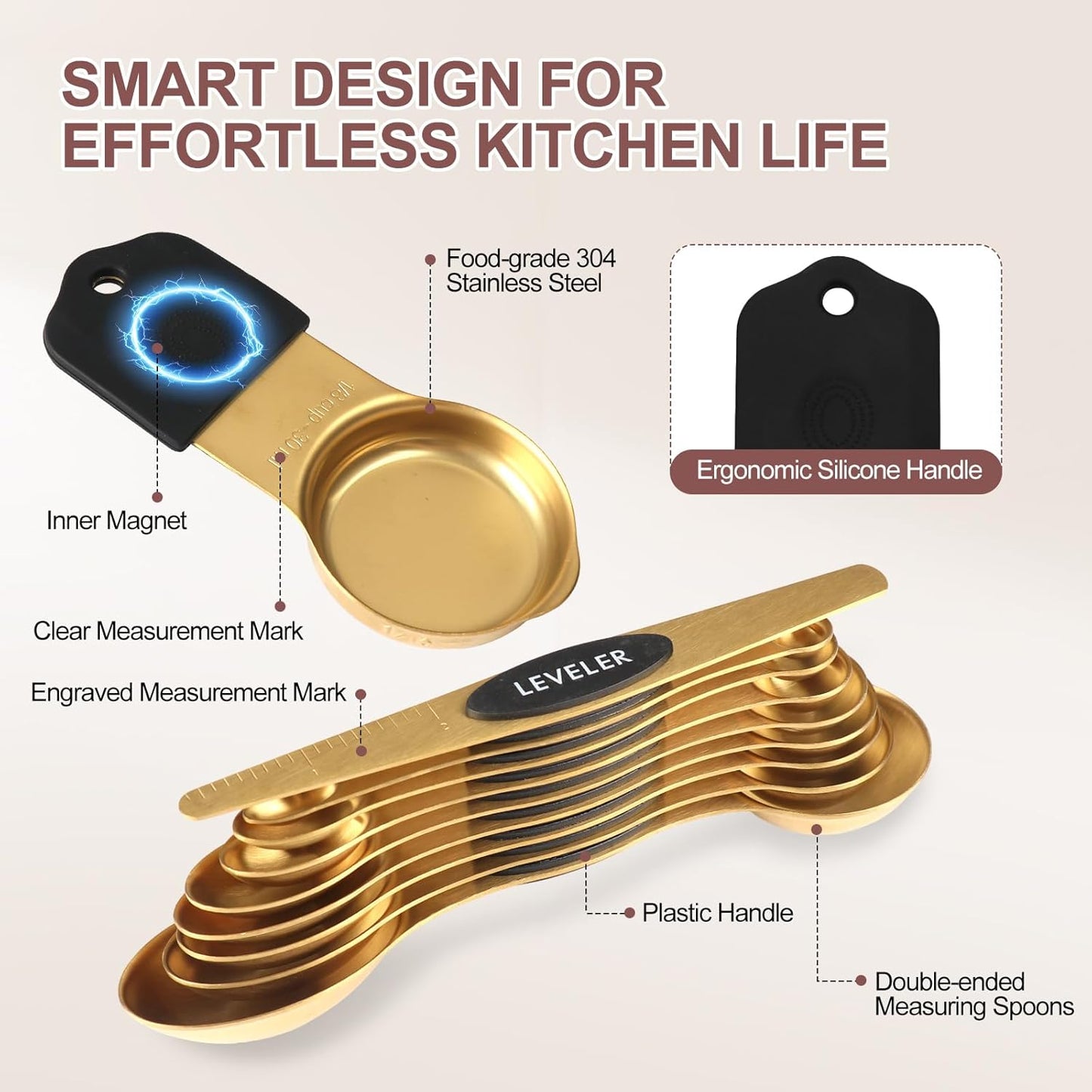 Skiennix 16-Piece Stainless Steel Measuring Cups & Spoons Set - Magnetic Nesting Design, Gold Finish