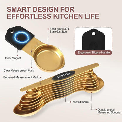 Skiennix 16-Piece Stainless Steel Measuring Cups & Spoons Set - Magnetic Nesting Design, Gold Finish