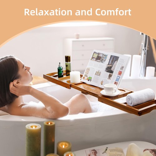 Flyjoe Luxury Teak Bathtub Tray - Foldable Bath Caddy with Expandable Handles, Wine Glass & Phone Holder, Book Stand - Enhance Home Spa Experience with Natural Material - Relaxing & Reading