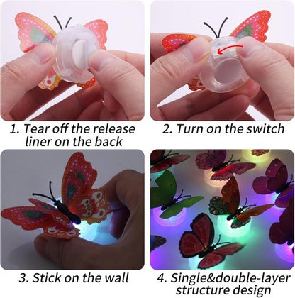 3D Butterfly Wall Decor - Glowing Lights & Stickers for Bedroom, Party, and Birthday | 24 Pcs
